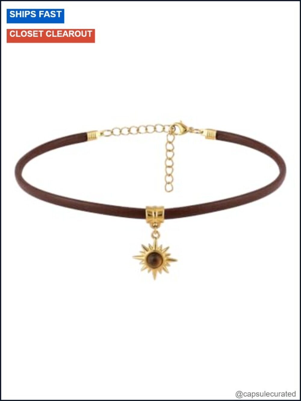 Gothic Sun Choker, Faux Leather Necklace, Boho Crystal Pendant